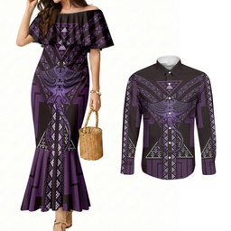New Zealand Manta Ray Couples Matching Mermaid Dress and Long Sleeve Button Shirt Maori Tukutuku Taniko Motifs Purple