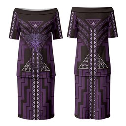 New Zealand Manta Ray Couples Matching Puletasi and Long Sleeve Button Shirt Maori Tukutuku Taniko Motifs Purple
