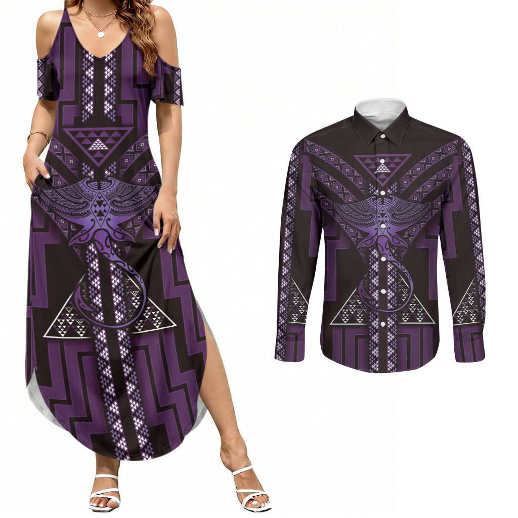 New Zealand Manta Ray Couples Matching Summer Maxi Dress and Long Sleeve Button Shirt Maori Tukutuku Taniko Motifs Purple