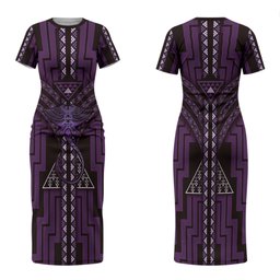 New Zealand Manta Ray Couples Matching Short Sleeve Bodycon Dress and Long Sleeve Button Shirt Maori Tukutuku Taniko Motifs Purple