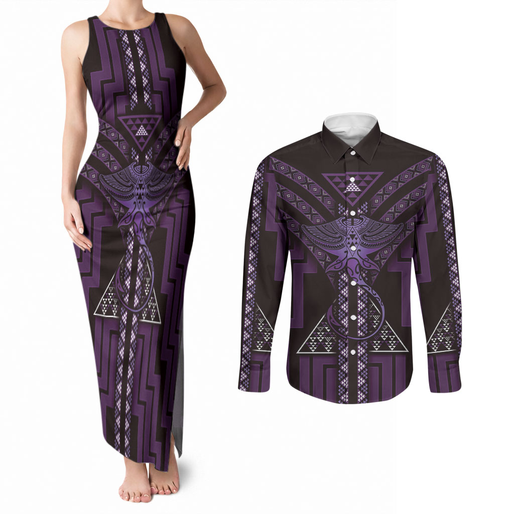 New Zealand Manta Ray Couples Matching Tank Maxi Dress and Long Sleeve Button Shirt Maori Tukutuku Taniko Motifs Purple