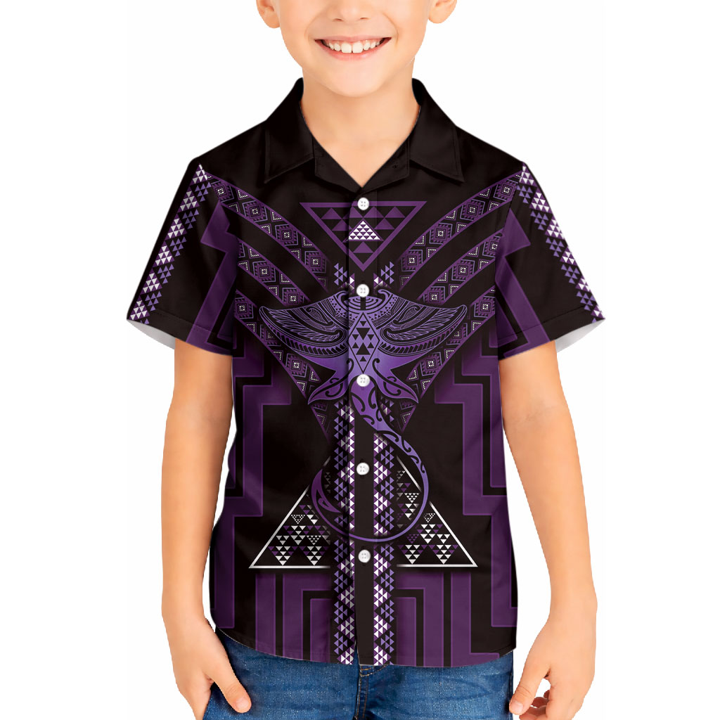 New Zealand Manta Ray Kid Hawaiian Shirt Maori Tukutuku Taniko Motifs Purple