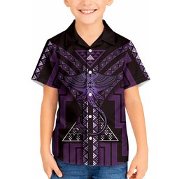 New Zealand Manta Ray Kid Hawaiian Shirt Maori Tukutuku Taniko Motifs Purple