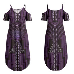 New Zealand Manta Ray Couples Matching Summer Maxi Dress and Long Sleeve Button Shirt Maori Tukutuku Taniko Motifs Purple