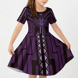 New Zealand Manta Ray Kid Short Sleeve Dress Maori Tukutuku Taniko Motifs Purple