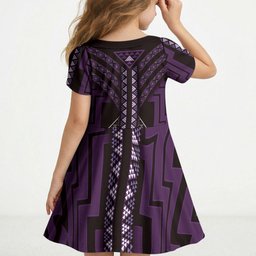 New Zealand Manta Ray Kid Short Sleeve Dress Maori Tukutuku Taniko Motifs Purple