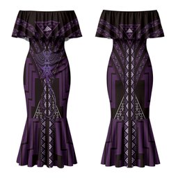 New Zealand Manta Ray Couples Matching Mermaid Dress and Long Sleeve Button Shirt Maori Tukutuku Taniko Motifs Purple