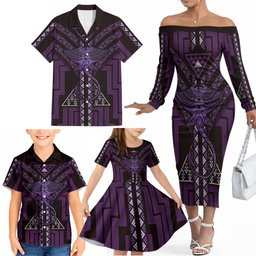 New Zealand Manta Ray Family Matching Off The Shoulder Long Sleeve Dress and Hawaiian Shirt Maori Tukutuku Taniko Motifs Purple