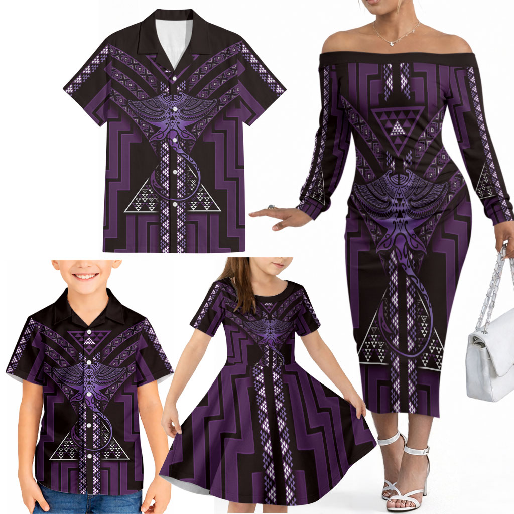 New Zealand Manta Ray Family Matching Off The Shoulder Long Sleeve Dress and Hawaiian Shirt Maori Tukutuku Taniko Motifs Purple