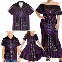 New Zealand Manta Ray Family Matching Off Shoulder Maxi Dress and Hawaiian Shirt Maori Tukutuku Taniko Motifs Purple