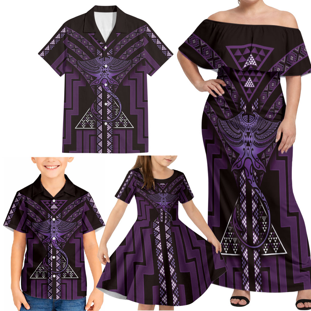 New Zealand Manta Ray Family Matching Off Shoulder Maxi Dress and Hawaiian Shirt Maori Tukutuku Taniko Motifs Purple