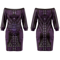 New Zealand Manta Ray Family Matching Off The Shoulder Long Sleeve Dress and Hawaiian Shirt Maori Tukutuku Taniko Motifs Purple