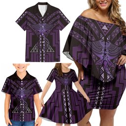 New Zealand Manta Ray Family Matching Off Shoulder Short Dress and Hawaiian Shirt Maori Tukutuku Taniko Motifs Purple