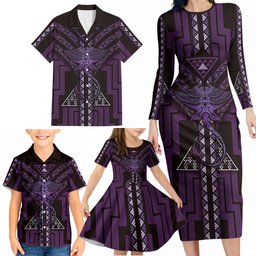 New Zealand Manta Ray Family Matching Long Sleeve Bodycon Dress and Hawaiian Shirt Maori Tukutuku Taniko Motifs Purple