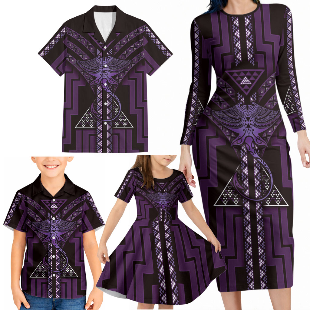 New Zealand Manta Ray Family Matching Long Sleeve Bodycon Dress and Hawaiian Shirt Maori Tukutuku Taniko Motifs Purple