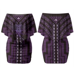 New Zealand Manta Ray Family Matching Off Shoulder Short Dress and Hawaiian Shirt Maori Tukutuku Taniko Motifs Purple