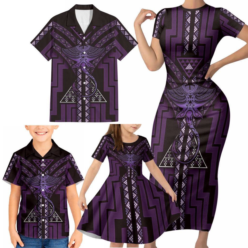 New Zealand Manta Ray Family Matching Short Sleeve Bodycon Dress and Hawaiian Shirt Maori Tukutuku Taniko Motifs Purple