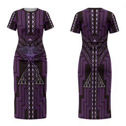 New Zealand Manta Ray Family Matching Short Sleeve Bodycon Dress and Hawaiian Shirt Maori Tukutuku Taniko Motifs Purple