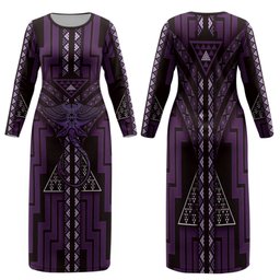 New Zealand Manta Ray Family Matching Long Sleeve Bodycon Dress and Hawaiian Shirt Maori Tukutuku Taniko Motifs Purple