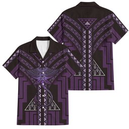 New Zealand Manta Ray Family Matching Off The Shoulder Long Sleeve Dress and Hawaiian Shirt Maori Tukutuku Taniko Motifs Purple