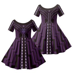 New Zealand Manta Ray Family Matching Off Shoulder Short Dress and Hawaiian Shirt Maori Tukutuku Taniko Motifs Purple