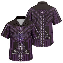 New Zealand Manta Ray Family Matching Off Shoulder Short Dress and Hawaiian Shirt Maori Tukutuku Taniko Motifs Purple