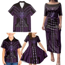 New Zealand Manta Ray Family Matching Puletasi and Hawaiian Shirt Maori Tukutuku Taniko Motifs Purple