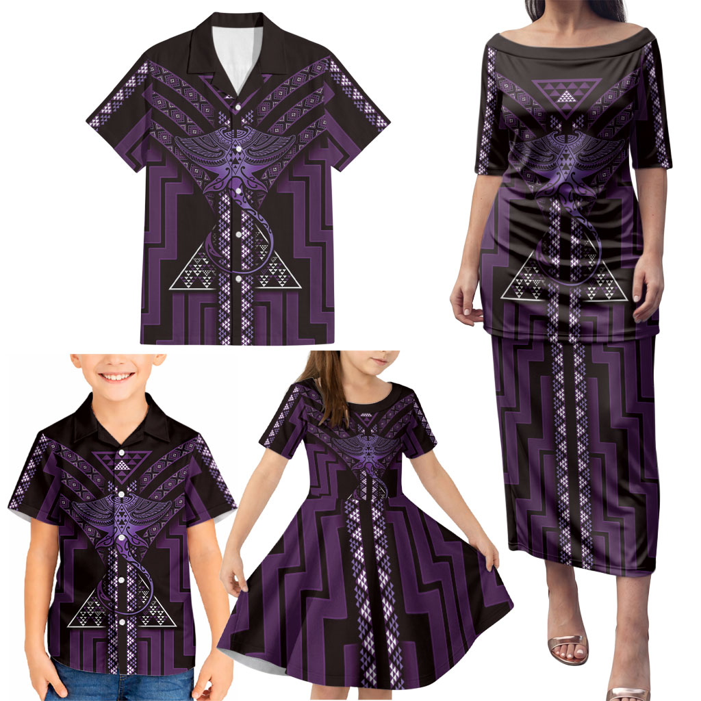 New Zealand Manta Ray Family Matching Puletasi and Hawaiian Shirt Maori Tukutuku Taniko Motifs Purple