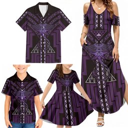 New Zealand Manta Ray Family Matching Summer Maxi Dress and Hawaiian Shirt Maori Tukutuku Taniko Motifs Purple