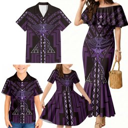 New Zealand Manta Ray Family Matching Mermaid Dress and Hawaiian Shirt Maori Tukutuku Taniko Motifs Purple