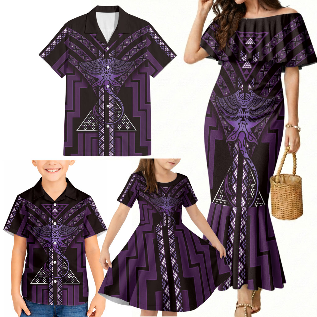 New Zealand Manta Ray Family Matching Mermaid Dress and Hawaiian Shirt Maori Tukutuku Taniko Motifs Purple