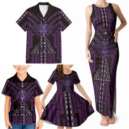 New Zealand Manta Ray Family Matching Tank Maxi Dress and Hawaiian Shirt Maori Tukutuku Taniko Motifs Purple