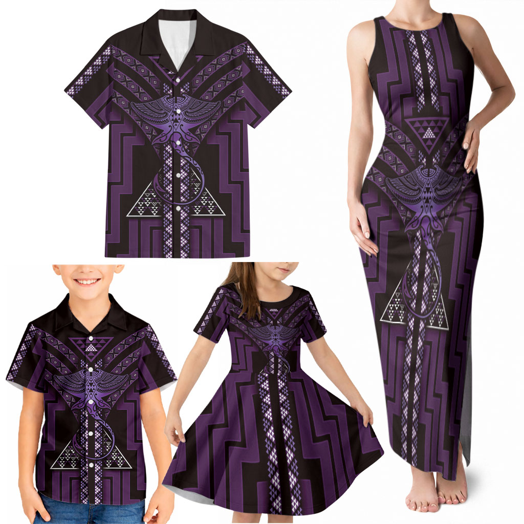 New Zealand Manta Ray Family Matching Tank Maxi Dress and Hawaiian Shirt Maori Tukutuku Taniko Motifs Purple