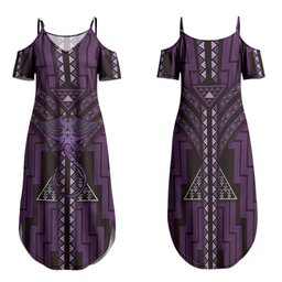 New Zealand Manta Ray Family Matching Summer Maxi Dress and Hawaiian Shirt Maori Tukutuku Taniko Motifs Purple