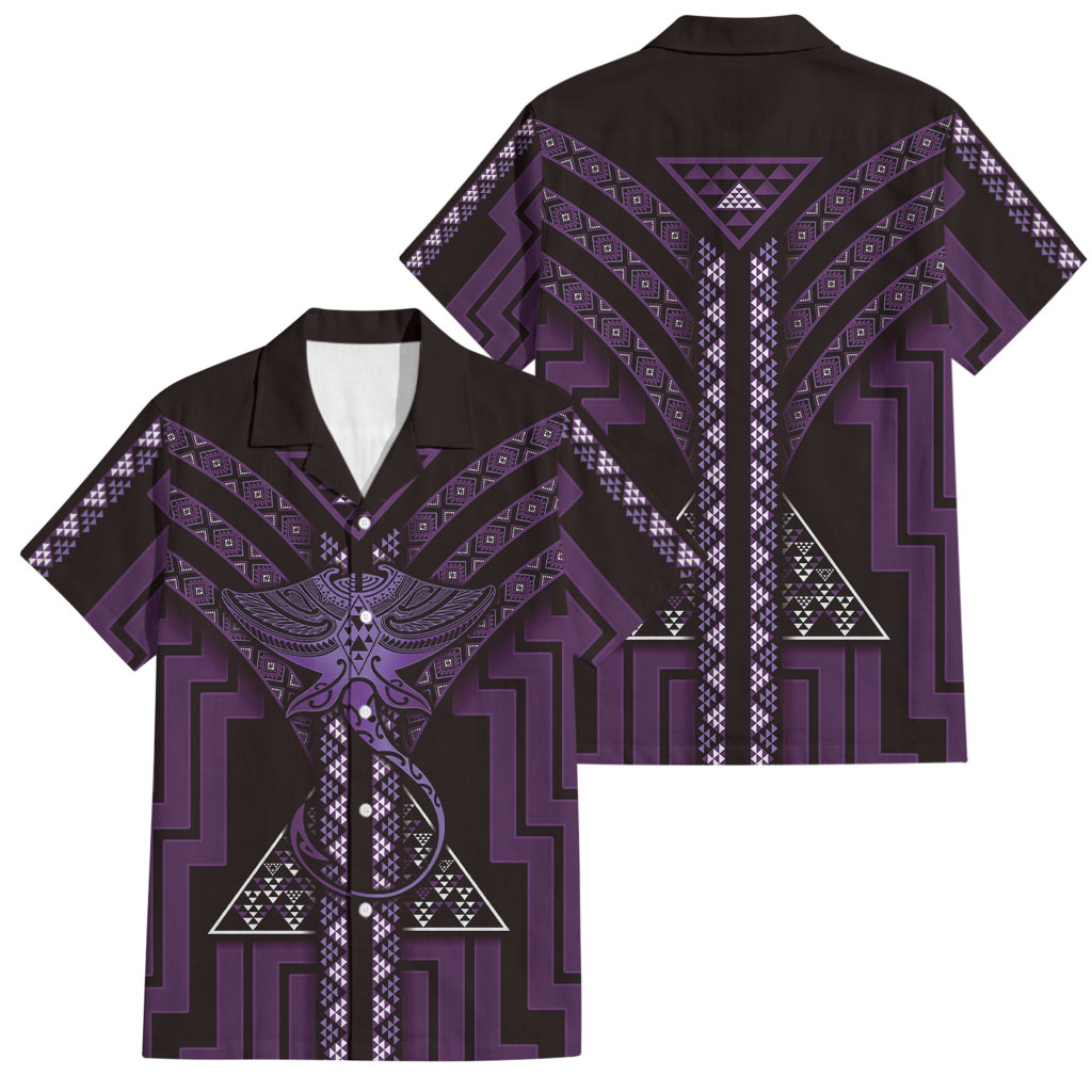 New Zealand Manta Ray Family Matching Summer Maxi Dress and Hawaiian Shirt Maori Tukutuku Taniko Motifs Purple