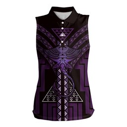 New Zealand Manta Ray Women Sleeveless Polo Shirt Maori Tukutuku Taniko Motifs Purple