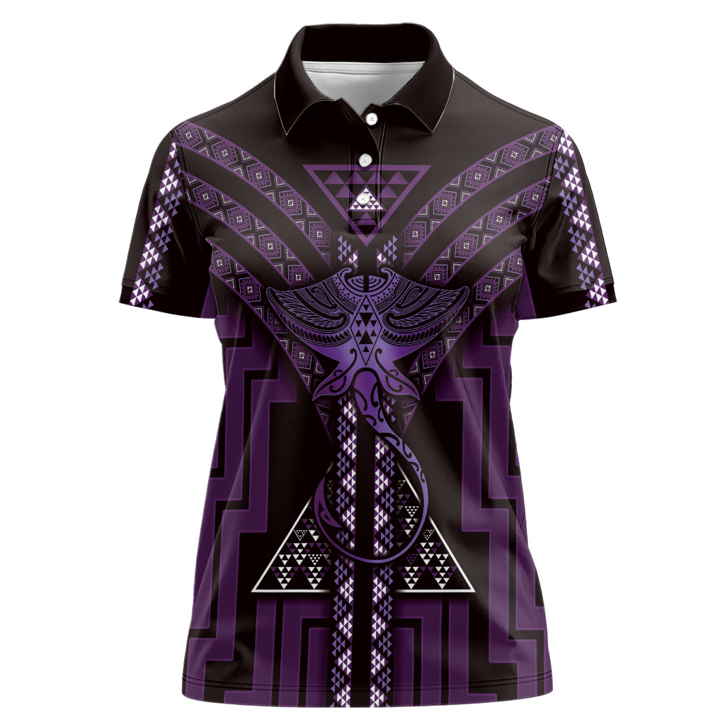 New Zealand Manta Ray Women Polo Shirt Maori Tukutuku Taniko Motifs Purple