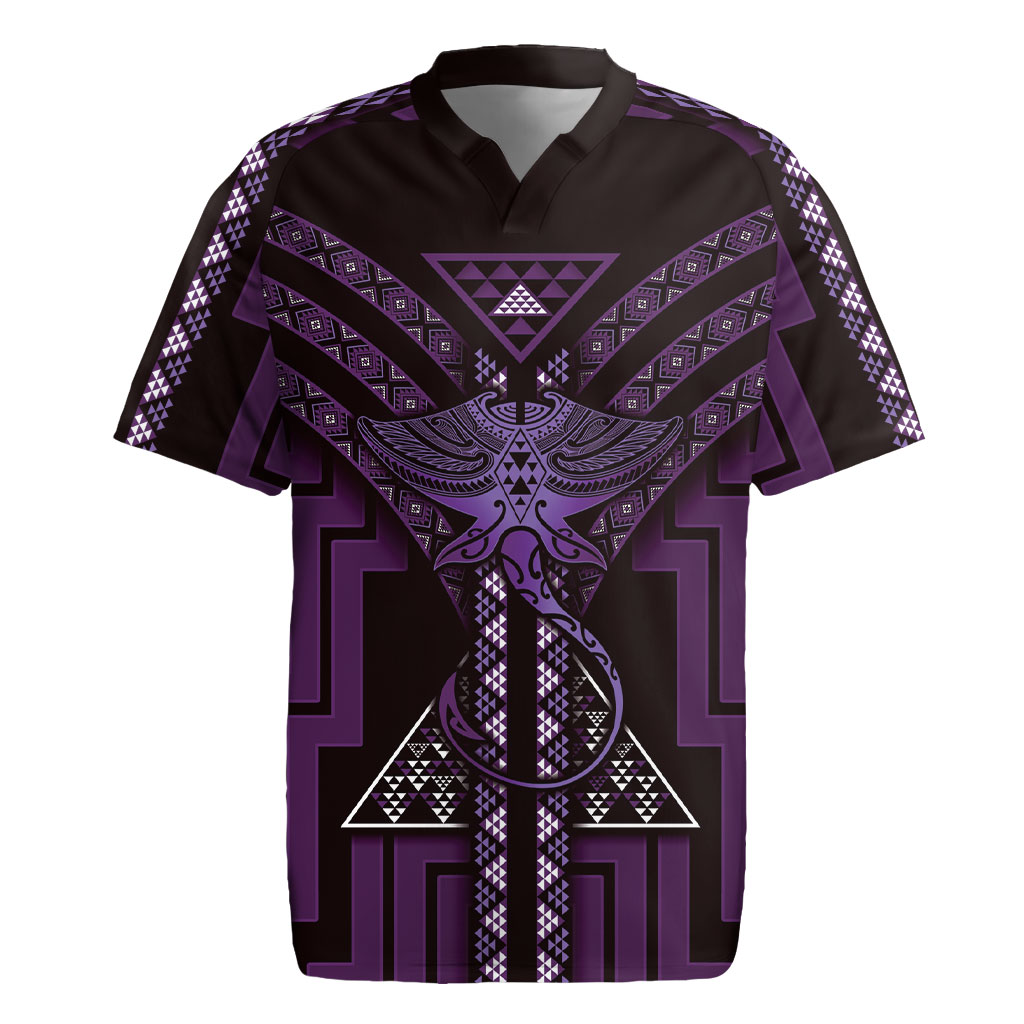 New Zealand Manta Ray Rugby Jersey Maori Tukutuku Taniko Motifs Purple