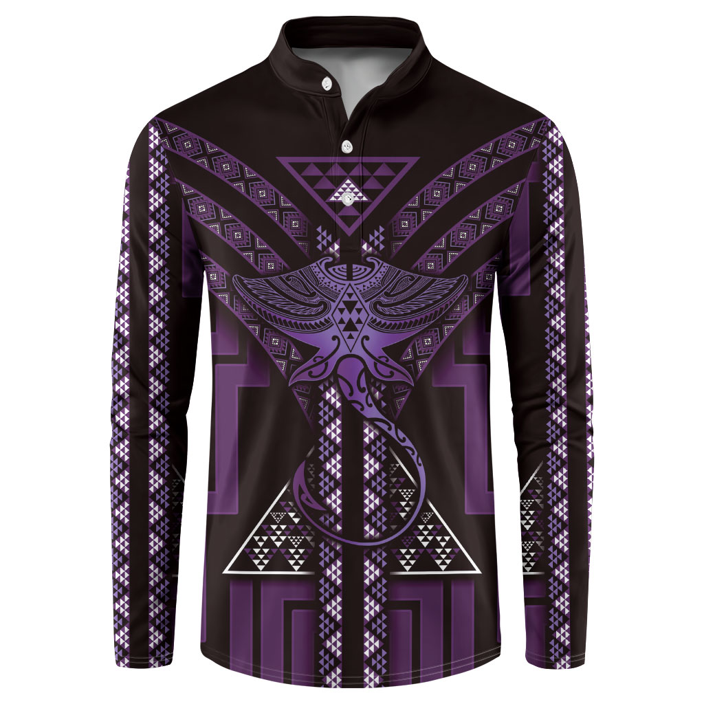 New Zealand Manta Ray Button Sweatshirt Maori Tukutuku Taniko Motifs Purple