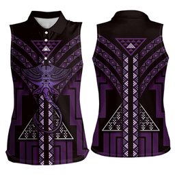 New Zealand Manta Ray Women Sleeveless Polo Shirt Maori Tukutuku Taniko Motifs Purple