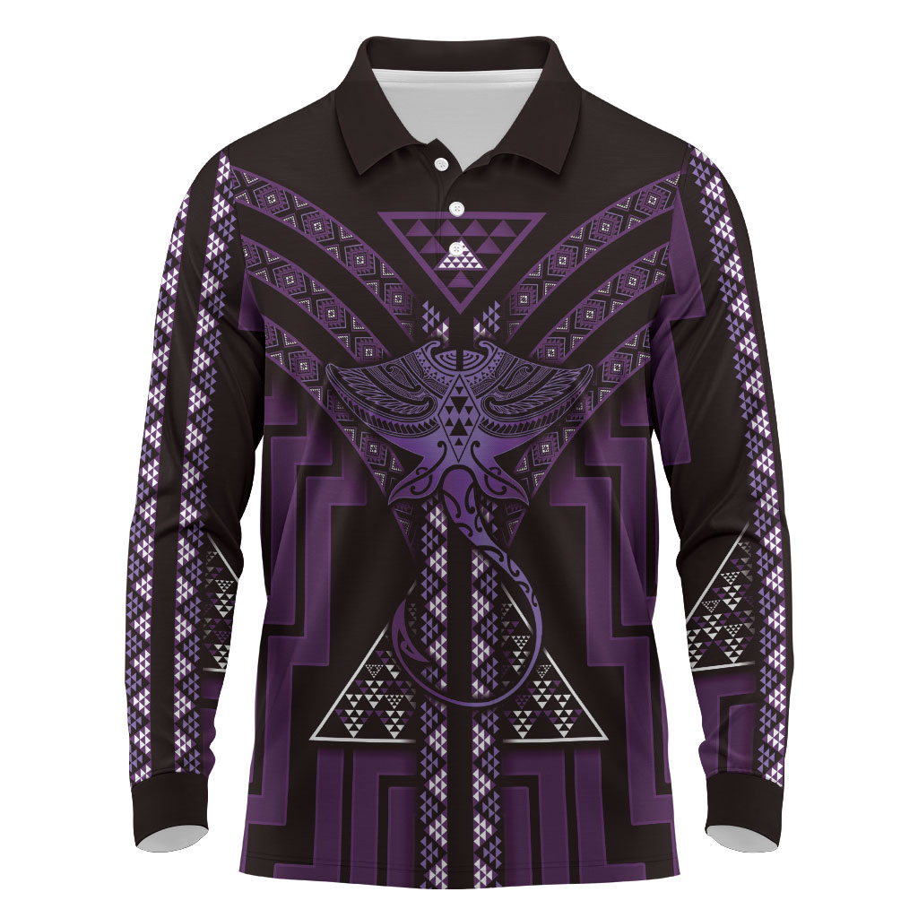 New Zealand Manta Ray Long Sleeve Polo Shirt Maori Tukutuku Taniko Motifs Purple