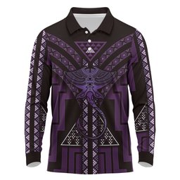 New Zealand Manta Ray Long Sleeve Polo Shirt Maori Tukutuku Taniko Motifs Purple
