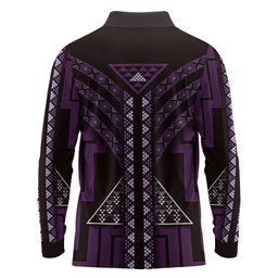 New Zealand Manta Ray Long Sleeve Polo Shirt Maori Tukutuku Taniko Motifs Purple