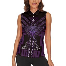 New Zealand Manta Ray Women Sleeveless Polo Shirt Maori Tukutuku Taniko Motifs Purple