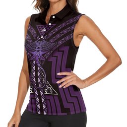New Zealand Manta Ray Women Sleeveless Polo Shirt Maori Tukutuku Taniko Motifs Purple