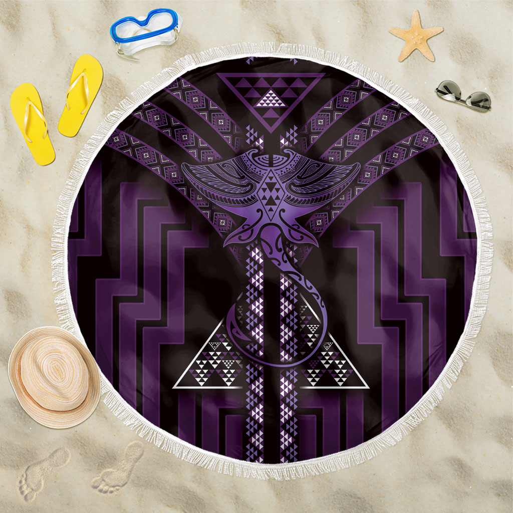 New Zealand Manta Ray Beach Blanket Maori Tukutuku Taniko Motifs Purple