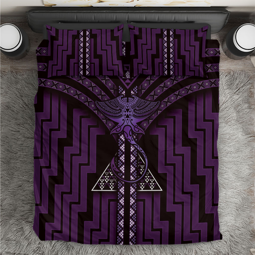 New Zealand Manta Ray Bedding Set Maori Tukutuku Taniko Motifs Purple