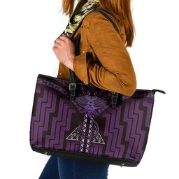 New Zealand Manta Ray Leather Tote Bag Maori Tukutuku Taniko Motifs Purple