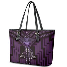 New Zealand Manta Ray Leather Tote Bag Maori Tukutuku Taniko Motifs Purple