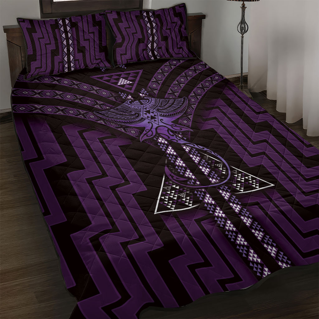 New Zealand Manta Ray Quilt Bed Set Maori Tukutuku Taniko Motifs Purple